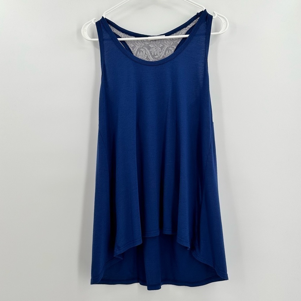 LE Lis Women’s Blue w/Floral Cream Lace Racerback Tank Size Medium